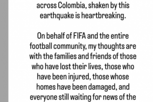 因凡蒂诺社媒发文，代表FIFA对哥伦比亚地震灾民表达慰问