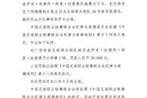 中足联官方：广西恒宸外援拉普辛实施暴力行为，禁赛3场罚款3万元