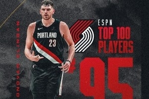 开拓者晒队内ESPN前100球员：克林根95 莫兰特77 利拉德69 阿福27